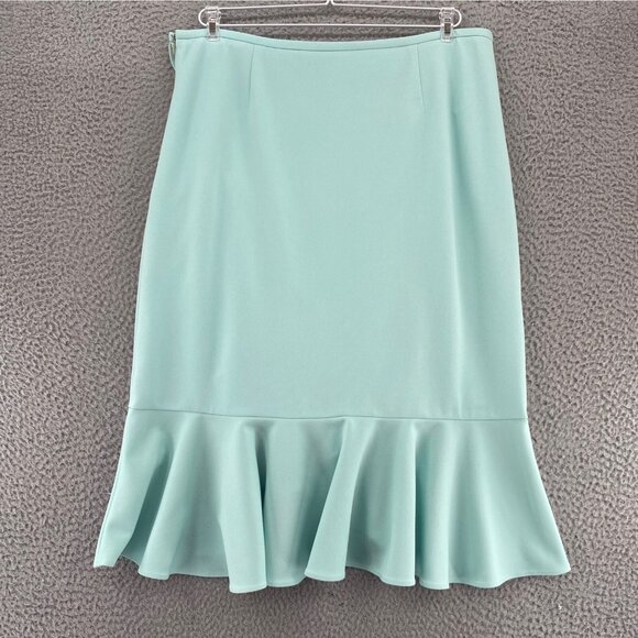Calvin Klein Skirt Womens 12 Green Below Knee Faux Wrap Ruffle A Line Stretch - Picture 3 of 10